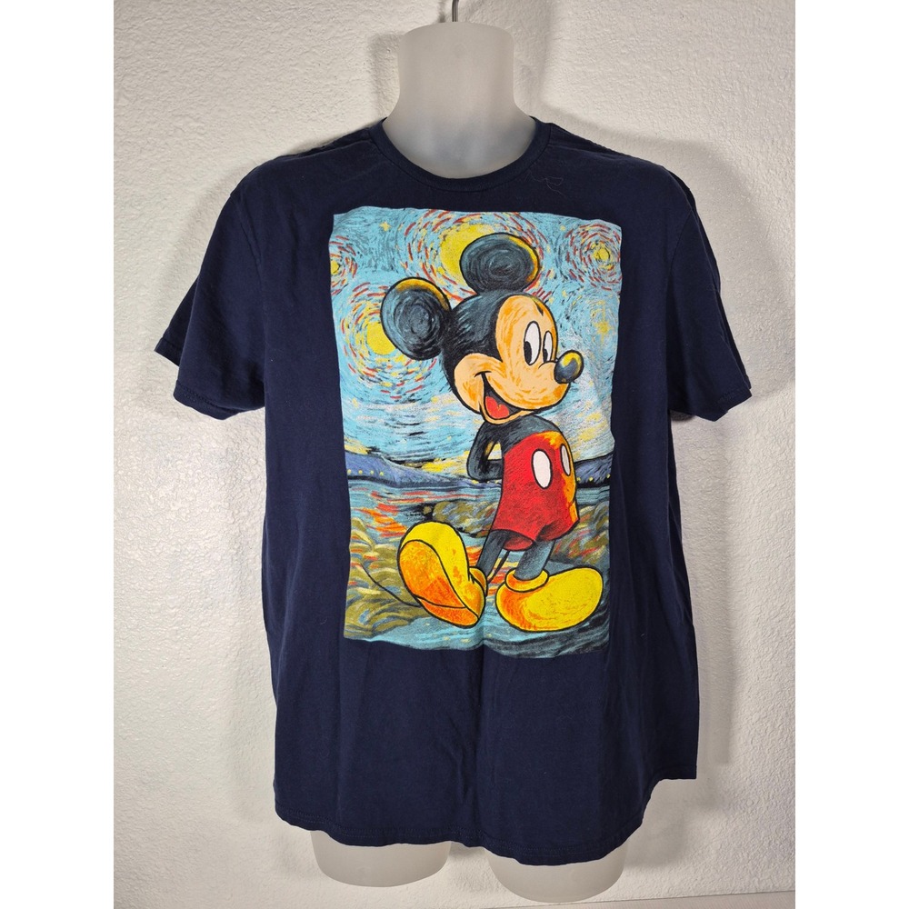 Disney Mickey Mouse Starry Night Van Gogh Graphic T-Shirt Navy Blue Mens Large